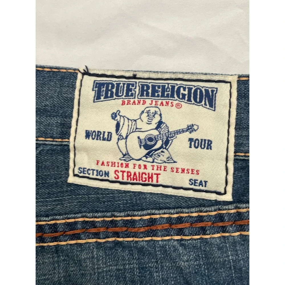 True Religion Straight Jeans Mens 34x34 Blue Thick Contrast Stitch Made in USA